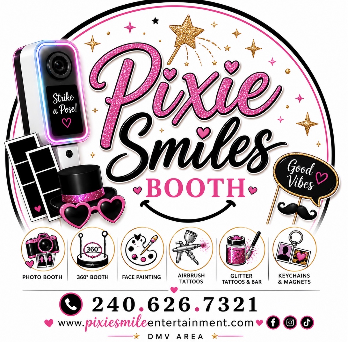 Colorful Pixie Smiles photo booth advertisement with stars, camera graphics, service icons, and contact information.
