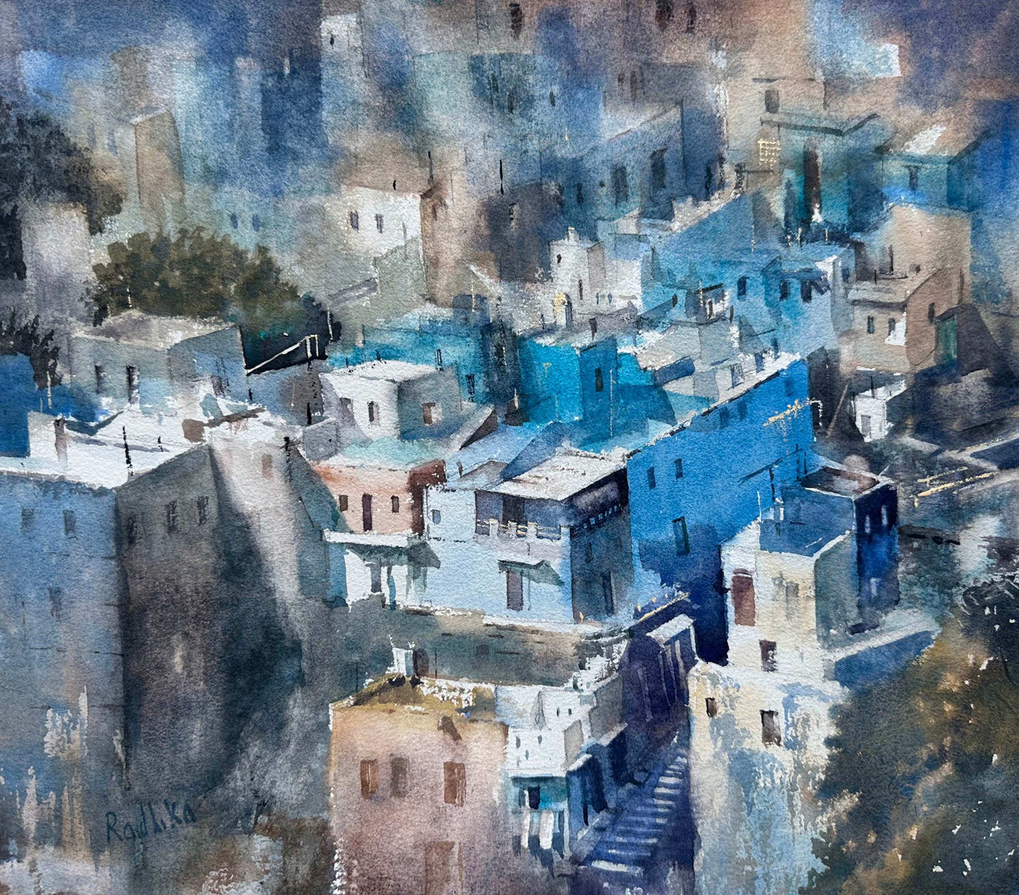 Watercolor painting of closely packed white and blue buildings on a hillside.