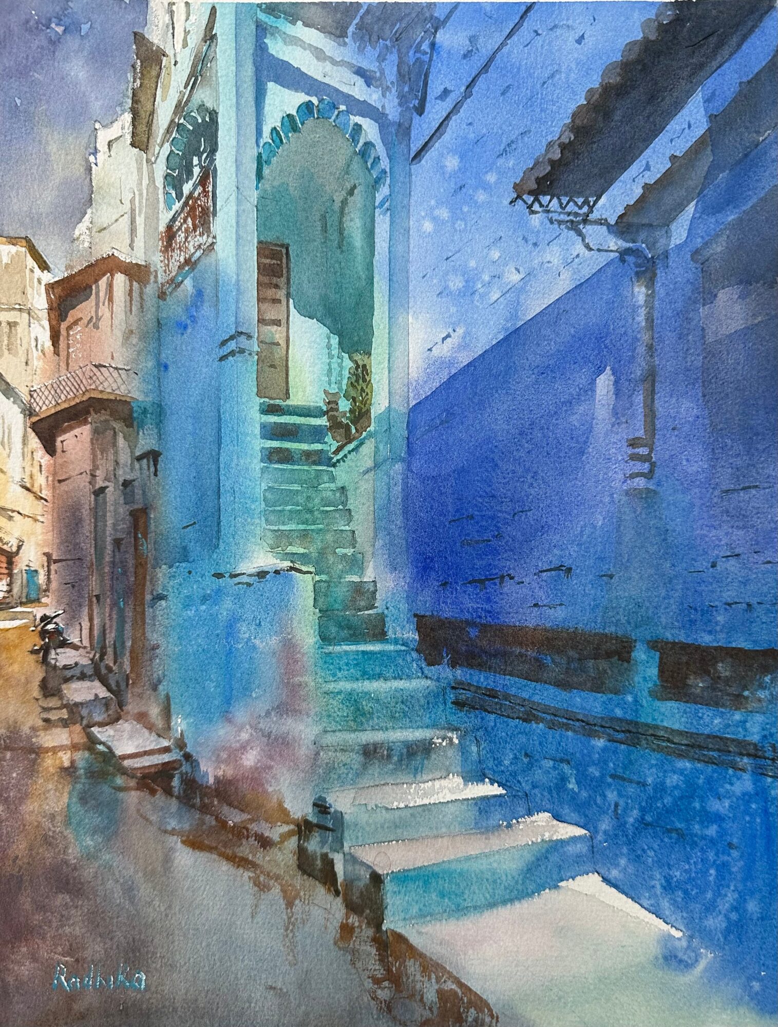 Watercolor painting of a narrow alley with turquoise steps, blue walls, and closely spaced buildings.