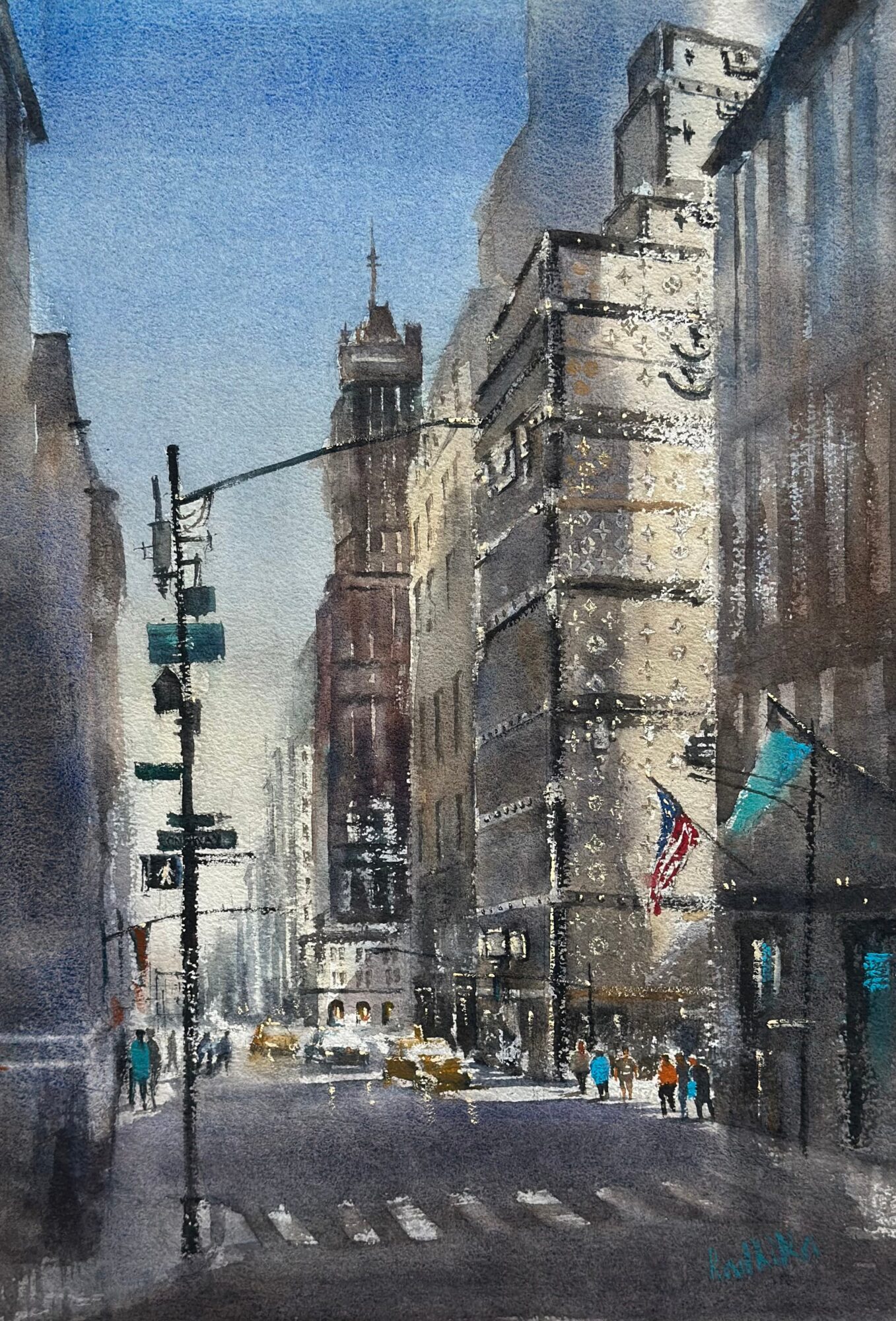 Watercolor painting of a city street with tall buildings, traffic lights, pedestrians, and a crosswalk.