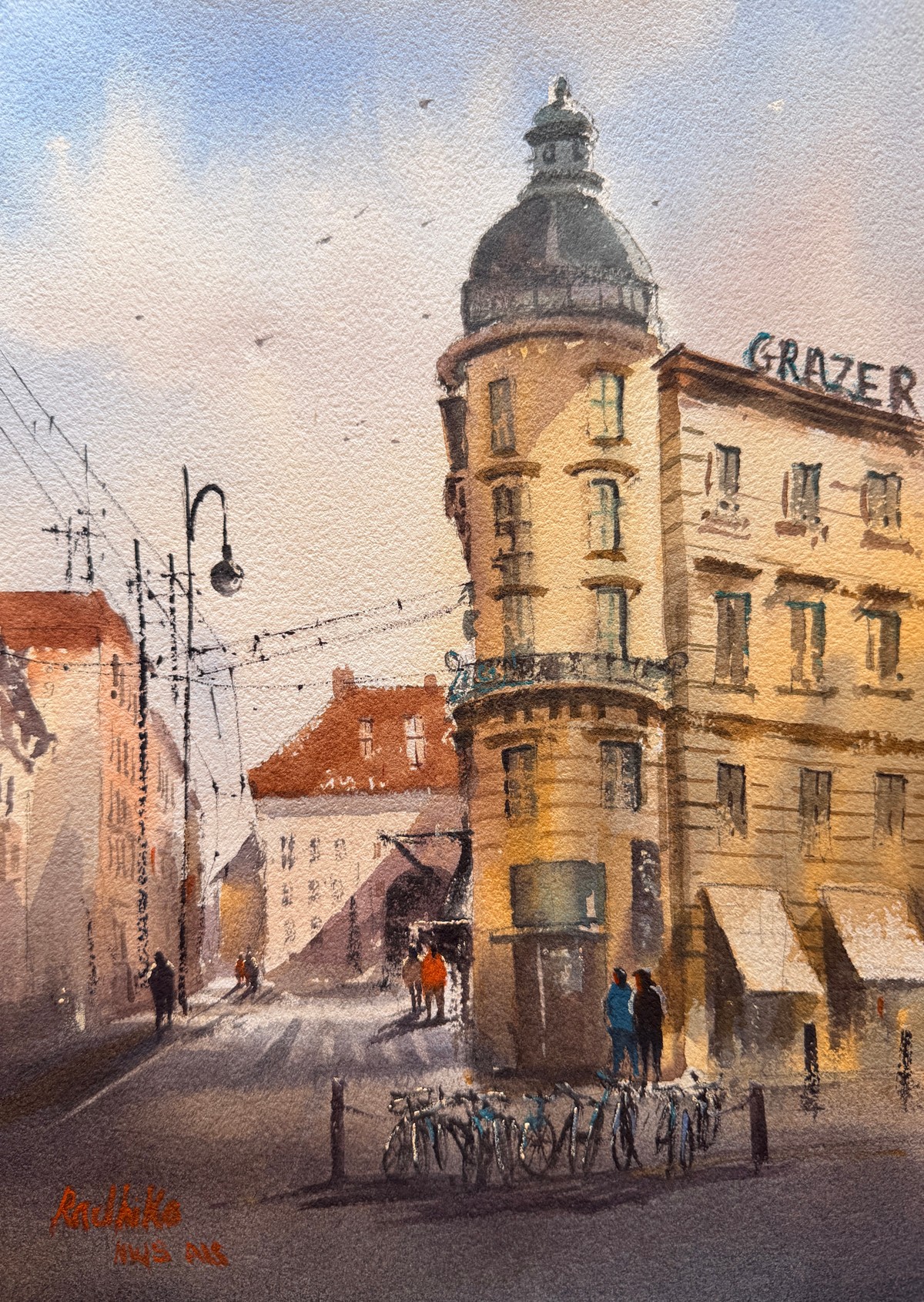 Watercolor street scene with a rounded corner building, pedestrians, bicycles, and overhead wires.