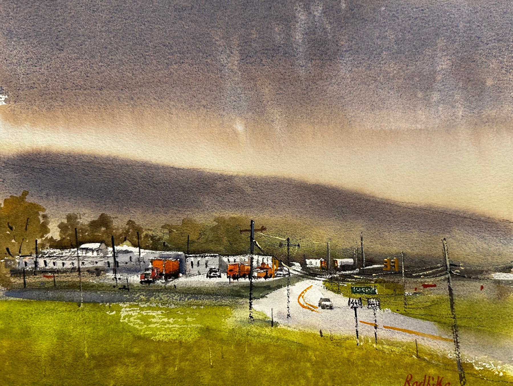 Watercolor landscape showing a broad green field, road, parked trucks, utility poles, and a cloudy sky.