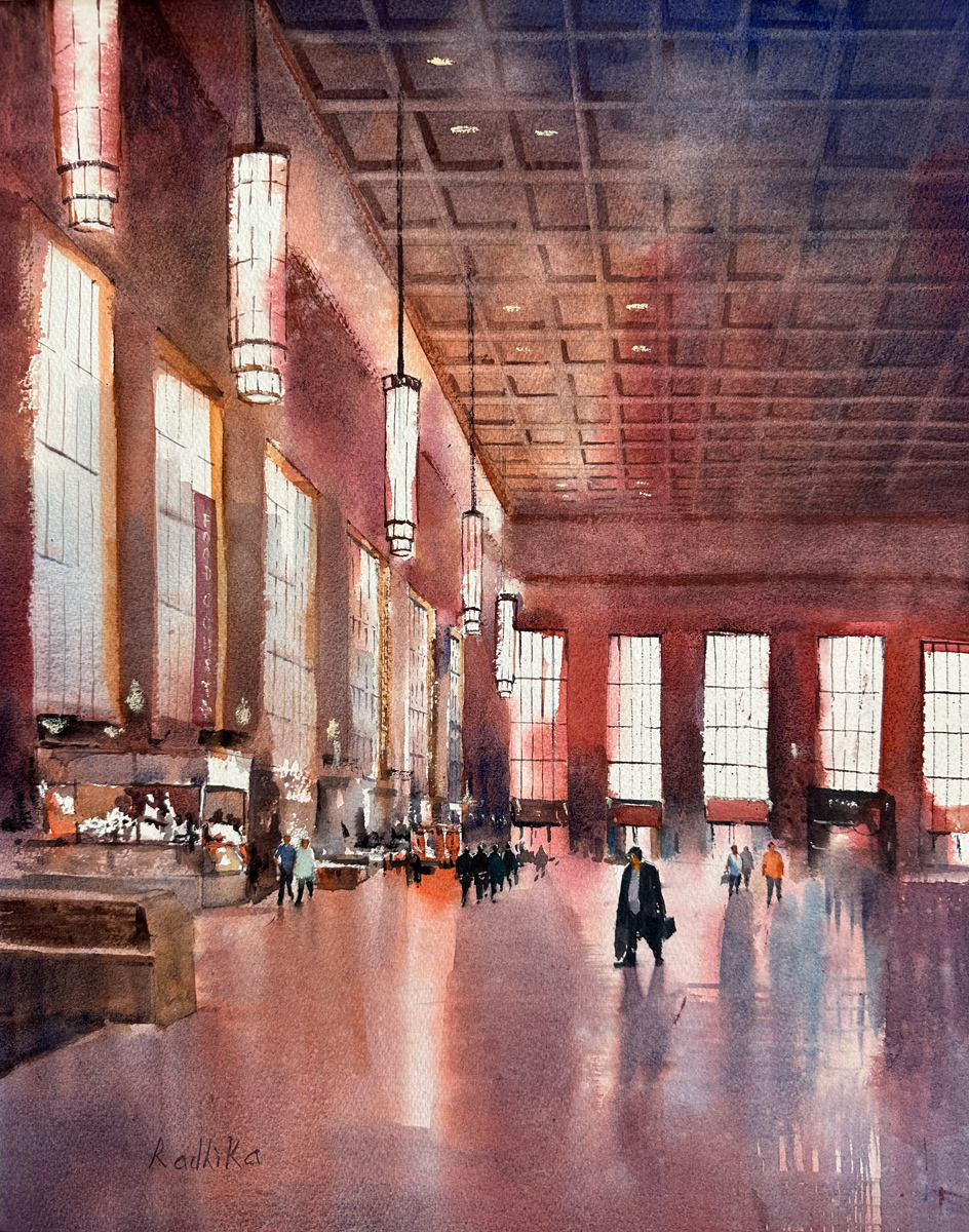 Watercolor of people walking through a spacious hall with tall windows, hanging lights, and a high gridded ceiling.