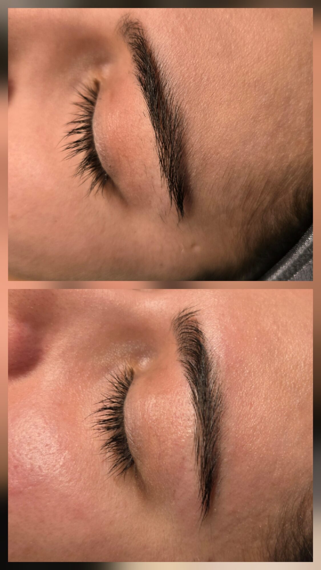 Two close-up views of a closed eye and eyebrow, with eyelashes visible.