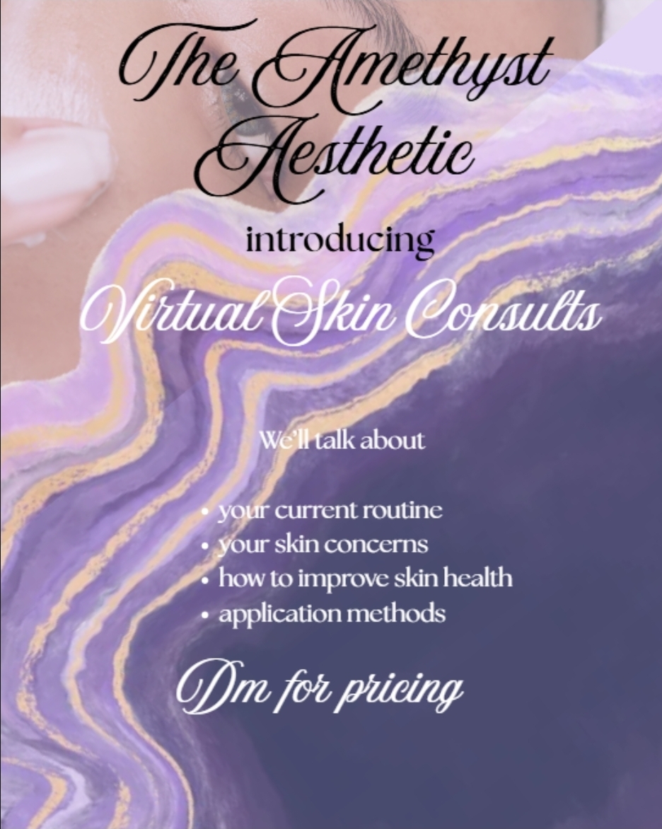 Promotional poster for virtual skin consultations, with flowing purple and gold patterns and a list of skincare topics.